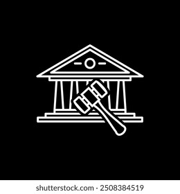 Heritage old building with judge gavel law firm building icon vector. Justice symbol vector line outline illustration. Museum house. Court room with gavel icon.