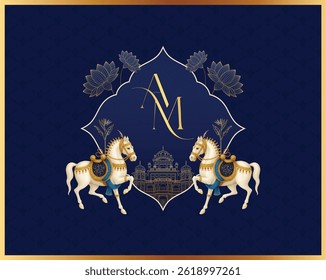 Heritage wedding logo with royal horses and detailed palace artwork
