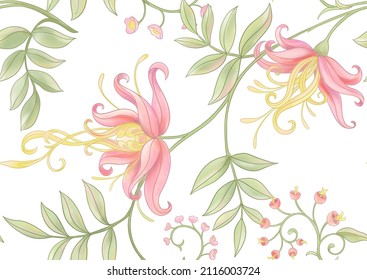 Herlioza decorative flowers and leaves in art nouveau style, vintage, old, retro style. Seamless pattern, background. Vector illustration.