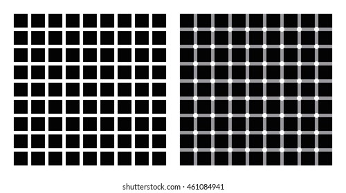 Hermann grid and scintillating grid illusion. In the left figure grey blobs perceived at the intersections. In the right figure dark dots seem to appear and disappear rapidly, hence scintillating.