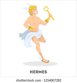 Hermes ancient greek god character. Man in winged sandals from greece mythology. Vector illustration in cartoon style