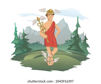 Hermes, antiguo dios griego de las Carreteras, Viajeros, Comerciantes y Ladrones, mensajero de los dioses. La mitología griega antigua. El paisaje montañoso en el fondo. Ilustración vectorial aislada en blanco.