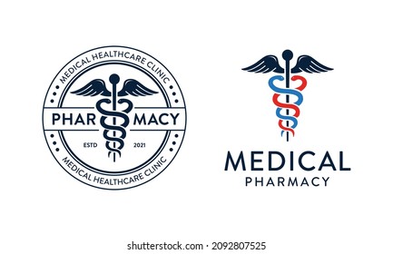 Serpiente hermes caduceus. Diseño del logotipo de atención médica, plantilla de diseño circular de placa de emblema de sello