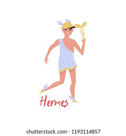 Hermes Greek God, ancient Greece myths cartoon character vector Illustration on a white background