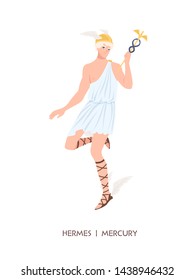 Hermes or Mercury - deity of trade, commerce and merchants of Greek and Roman pantheon, messenger of Olympian gods. Male mythical character wearing winged helmet. Flat cartoon vector illustration.