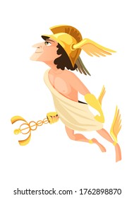 Hermes or Mercury - deity of trade, commerce and merchants of Greek and Roman pantheon, messenger of Olympian gods. Male mythical character wearing winged helmet. Flat cartoon vector illustration