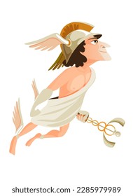 Hermes or Mercury - deity of trade, commerce and merchants of Greek and Roman pantheon, messenger of Olympian gods. Male mythical character wearing winged helmet. Flat cartoon vector illustration