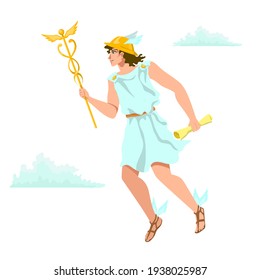 Hermes, Mercury, Greek Olympian deity of merchants, commerce. Agile smiling gods' messenger, in white tunic, helmet and winged sandals, with scroll and golden caduceus