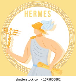 Hermes yellow social media post mockup. Ancient Greek god. Mythological figure. Web banner design template. Social media booster, content layout. Poster, printable card with flat illustrations