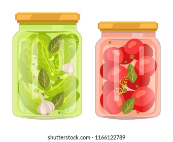 Hermetic bottles with preserved food vector poster. Isolated tomatoes with bay leaf and peppercorn jar and pickles cucumbers with garlic spicery can.