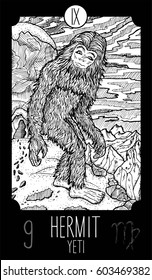 Hermit. 9 Major Arcana Tarot Card. Yeti. Fantasy engraved line art illustration. Engraved vector drawing. See all collection in my portfolio set. 