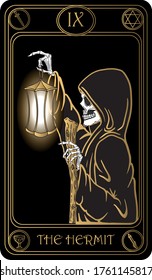 The Hermit. The 9th card of Major arcana black and gold tarot cards. Tarot deck. Vector hand drawn illustration with skulls, occult, mystical and esoteric symbols.