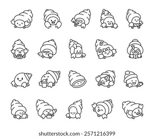 Hermit cancer set of charming cartoon crabs in different poses, expressing emotions like angry, sad, smiling and laughing, holding popcorn, mug, laptop, book