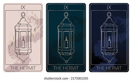 The Hermit. A card of Major arcana one line drawing tarot cards. Tarot deck. Vector linear hand drawn illustration with occult, mystical and esoteric symbols. 3 colors. Proposional to 2,75x4,75 in.