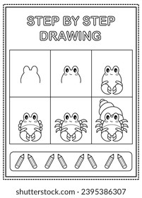 Hermit Crab. Book page, drawing step by step. Black and white vector coloring page.