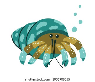 Hermit crab character. Cartoon hand drawn illustration of cute ocean animal, air bubbles. Turquoise fantasy sea crayfish. Childish t shirt print, poster. Flat isolated vector clipart, white background