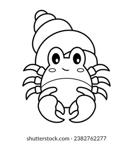 Hermit Crab. Coloring page, coloring book page. Black and white vector illustration.