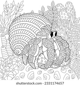 Hermit crab coloring page. Outline sea design in mandala and zentangle style