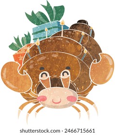 The hermit crab is happy on the birthday with retro texture