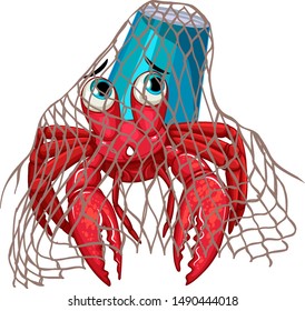 Hermit crab in net on white background illustration