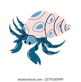 Hermit crab with pink and blue shell flat color vector character. Ideal character for educational books for children illustration on white background