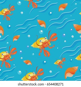 Hermit crab, sea and seashells. Blue background with waves. Seamless pattern. Design for  tapestries, children's textiles with characters from the cartoon inhabitants of the sea.