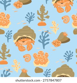 Hermit crab and seaweed seamless pattern. Cartoon animal character with shell, flock of fish, corals. Orange, blue, brown colors. Cute print on fabric and paper. Vector design for textile, wallpaper.