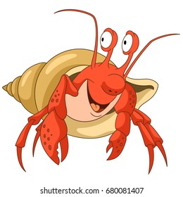 Hermit crab in a shell. Cartoon character isolated on white background. Colorful design for kids activity book, coloring page, colouring picture. Vector illustration for children.