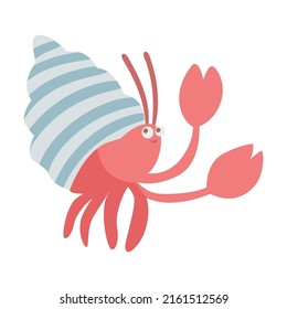 Hermit crab in the shell. Cute underwater animals, sea robbers cartoon illustration. Ship with anchor, crab, octopus, childish captain character on white