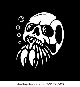 HERMIT CRAB WITH SKULL WHITE BLACK BACKGROUND