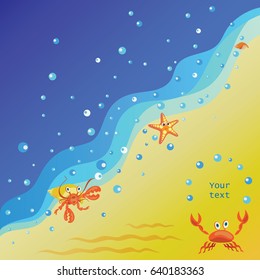 Hermit crab, a starfish and a crab. Yellow-orange background of sand and blue summer sea. Banner design, poster with children's characters cartoon sea creatures.