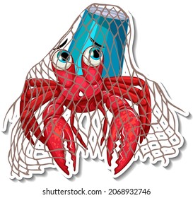 Hermit crab stuck in net and plastic cup illustration