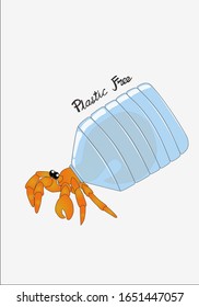 Hermit crab use plastic bottle for a shell