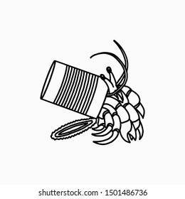 Hermit Crab in Used Tin Can Isolated on White Background, Suitable for Environmental Problem Concept.