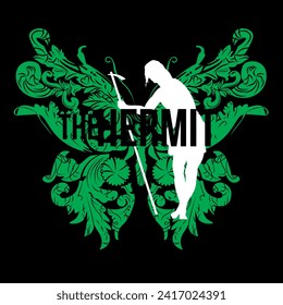 The hermit. Design for a men's t-shirt with a green butterfly on a black background. Silhouette of Jesus by Titian