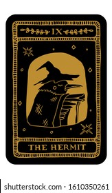 The Hermit. Hand drawn major arcana tarot card template. Tarot vector illustration in vintage style with mystic symbols, crystals and line art stars. Witchcraft concept for tarot readers