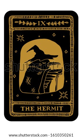 The Hermit. Hand drawn major arcana tarot card template. Tarot vector illustration in vintage style with mystic symbols, crystals and line art stars. Witchcraft concept for tarot readers