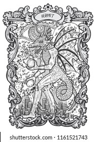 Hermit. Major Arcana tarot card. The Magic Gate deck. Fantasy engraved vector illustration with occult mysterious symbols and esoteric concept