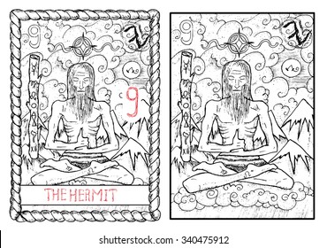 The hermit. The major arcana tarot card, vintage hand drawn engraved illustration with mystic symbols. Old man sitting on cloud in lotus yoga pose against mountain background