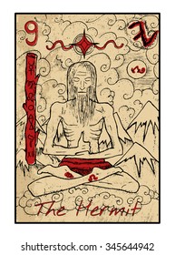 The hermit. The major arcana tarot card in color, vintage hand drawn engraved illustration with mystic symbols. Old man sitting on cloud in lotus yoga pose against mountain background