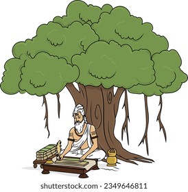 Hermit sitting under tree writing with a quill. Sage, Rishi, Guru, holy person and ayurveda.