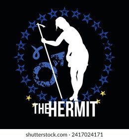 The hermit. T-shirt design of the silhouette of Jesus by Titian surrounded by a circle of stars and the symbols of Mars and Aries.