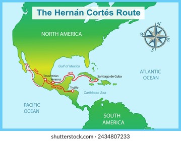 The Hernan Cortes route map. Education vector illustration