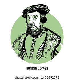 Hernan Cortez was a Spanish conquistador who conquered Mexico and destroyed the Aztec statehood. Hand-drawn vector illustration