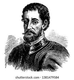 Hernando De Soto, c. 1495-1542, he was a Spanish explorer and conquistador, and first European to discover the Mississippi river, vintage line drawing or engraving illustration