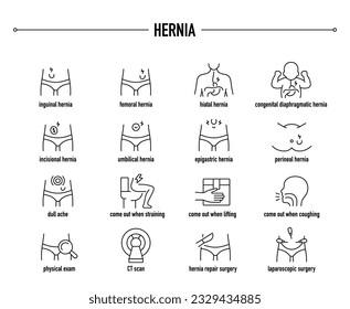 Hernia symptoms, diagnostic and treatment vector icon set. Line editable medical icons.