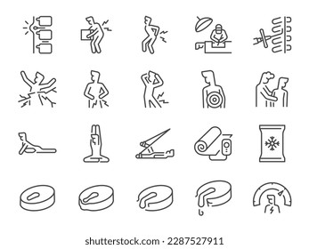 Herniated disc icon set. It included back pain, spinal injection, treatment, epidural, and more icons.