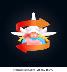 Herniated disc. Protrusion spinal bone problems that make back and neck pain. Red rotating arrow around vertebra joint cartilage on dark background. For design medical or scientific treatments. Vector