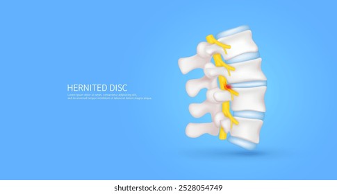 Herniated disc that make back and neck pain. Spinal nerve cord yellow. Vertebral anatomy and disc bone human organ on dark blue background. Medical diagnosis concept. Banner vector EPS10.