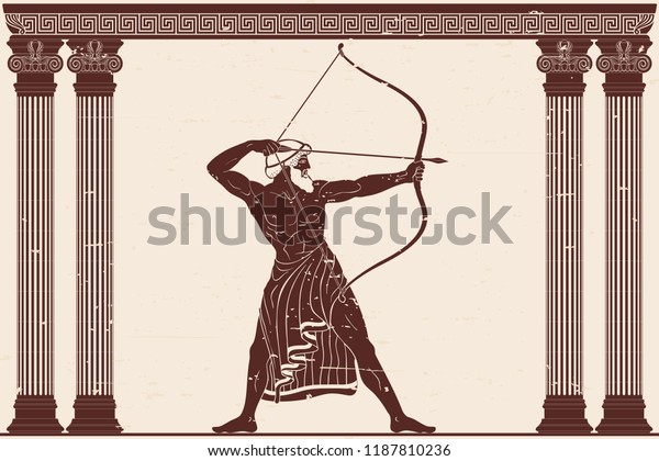 古代ギリシャ神話オデュッセウスの英雄 柱の間に武器を持つ武士 弓を
